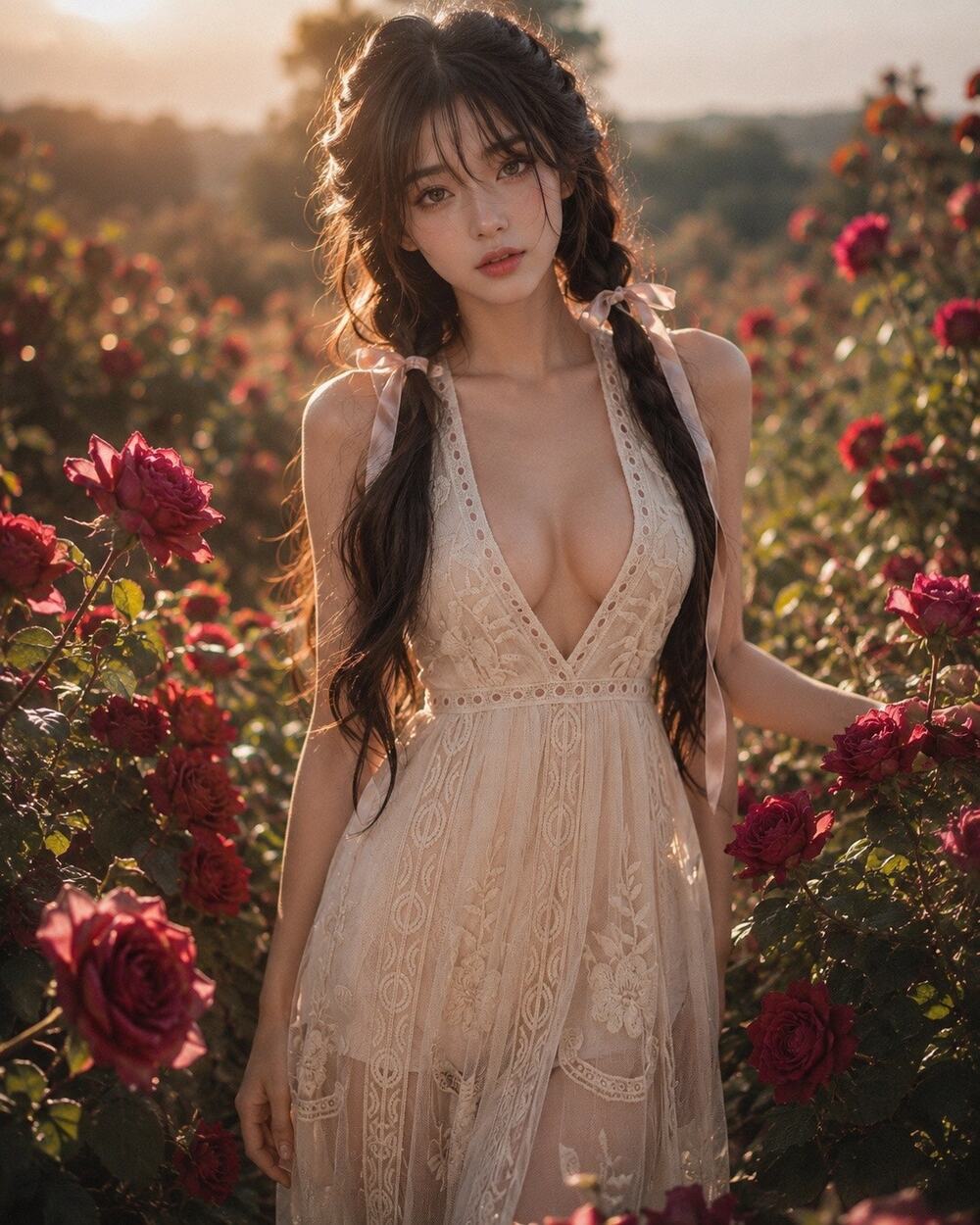 Chasing Golden Light Through Secret Gardens cottagecore lace romper maxi dress
